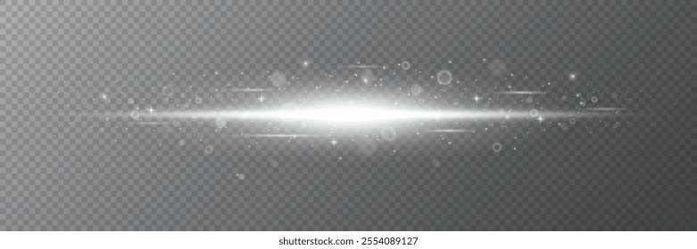 Laser white beams, horizontal light pattern. Small dust particles. Bokeh effect. Beautiful light reflections. On a transparent background.