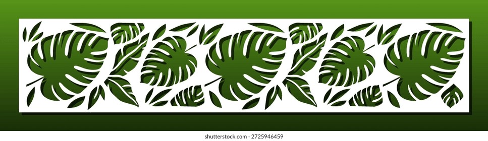 Borde cortado con láser, panel decorativo, marcador de papel. PLANTILLA de corte o grabado CNC. Hojas tropicales, patrón floral. Ilustración vectorial para la decoración del hogar, plantilla de bricolaje