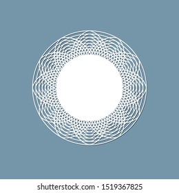 Lasercut lace doily design Round pattern ornament Template mockup of a round white lace doily napkin lasercut frame Design element for lasercut elegant vintage invitation banner Vector lacе doily