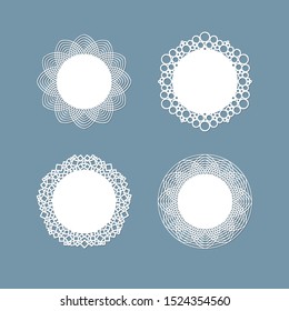 Lasercut lace doily design Round pattern ornament Template mockup of a round white lace doily napkin lasercut frame Set Design element for lasercut elegant vintage invitation banner Vector lacе doily