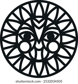 Laser-cut or stencil model of a smiling sun, the sun's rays are ornamental lines in a circle, the simple, geometric design adapts to the graphic composition or decorative object.
