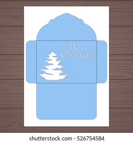 Lasercut vector christmas invitation template. Wedding invitation envelope with christmas tree for laser cutting. Lace gate folds.Laser cut vector