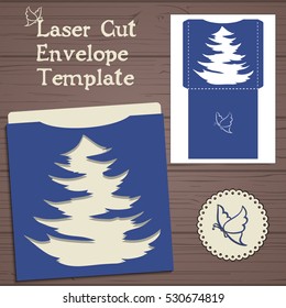 Lasercut vector christmas invitation template. Wedding invitation envelope with christmas tree for laser cutting. Lace gate folds.Laser cut vector