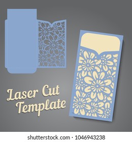Lasercut vector wedding invitation template. Wedding invitation envelope with flowers for laser cutting. Lace gate folds. Laser cut vector.