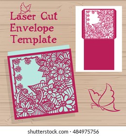 Lasercut vector wedding invitation template. Wedding invitation envelope with flowers for laser cutting. Lace gate folds.Laser cut vector.