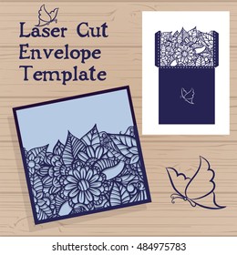 Lasercut Vector Wedding Invitation Template. Wedding Invitation Envelope With Flowers For Laser Cutting. Lace Gate Folds.Laser Cut Vector.