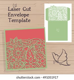 Lasercut vector wedding invitation template. Wedding invitation envelope with flowers for laser cutting. Lace gate folds.Laser cut vector.
