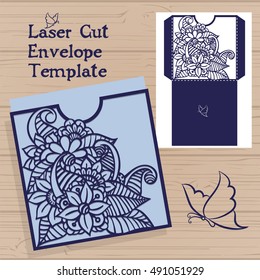 Lasercut vector wedding invitation template. Wedding invitation envelope with flowers for laser cutting. Lace gate folds.Laser cut vector.