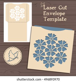 Lasercut vector wedding invitation template. Wedding invitation envelope with flowers for laser cutting. Lace gate folds.Laser cut vector.