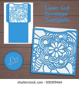 Lasercut vector wedding invitation template. Wedding invitation envelope with flowers for laser cutting. Lace gate folds.Laser cut vector.