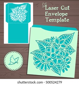 Lasercut vector wedding invitation template. Wedding invitation envelope with flowers for laser cutting. Lace gate folds.Laser cut vector.