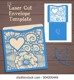 Lasercut vector wedding invitation template. Wedding invitation envelope with flowers for laser cutting. Lace gate folds.Laser cut vector.