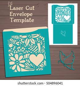Lasercut Vector Wedding Invitation Template. Wedding Invitation Envelope With Flowers For Laser Cutting. Lace Gate Folds.Laser Cut Vector
