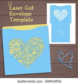 Lasercut vector wedding invitation template. Wedding invitation envelope with flowers for laser cutting. Lace gate folds.Laser cut vector.