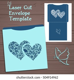 Lasercut vector wedding invitation template. Wedding invitation envelope with flowers for laser cutting. Lace gate folds.Laser cut vector.