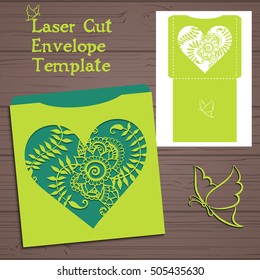 Lasercut vector wedding invitation template. Wedding invitation envelope with flowers for laser cutting. Lace gate folds.Laser cut vector