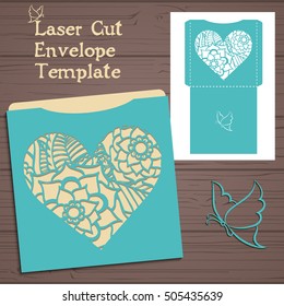 Lasercut vector wedding invitation template. Wedding invitation envelope with flowers for laser cutting. Lace gate folds.Laser cut vector