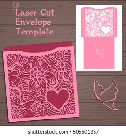 Lasercut vector wedding invitation template. Wedding invitation envelope with flowers for laser cutting. Lace gate folds.Laser cut vector.