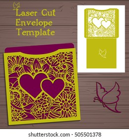 Lasercut vector wedding invitation template. Wedding invitation envelope with flowers for laser cutting. Lace gate folds.Laser cut vector.