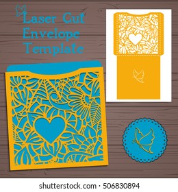 Lasercut vector wedding invitation template. Wedding invitation envelope with flowers for laser cutting. Lace gate folds.Laser cut vector
