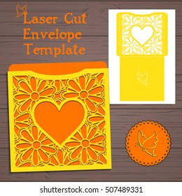 Lasercut vector wedding invitation template. envelope with flowers for laser cutting. Lace gate folds.Laser cut vector.