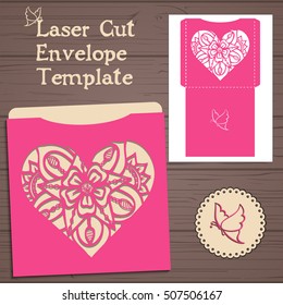 Lasercut vector wedding invitation template. Wedding invitation envelope with flowers for laser cutting. Lace gate folds.Laser cut vector.
