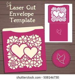 Lasercut vector wedding invitation template. Wedding invitation envelope with flowers for laser cutting. Lace gate folds.Laser cut vector.