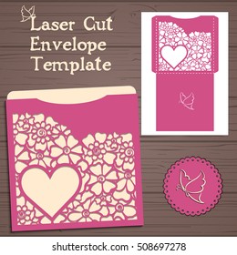 Lasercut vector wedding invitation template. Wedding invitation envelope with flowers for laser cutting. Lace gate folds.Laser cut vector.
