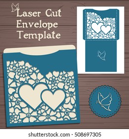 Lasercut vector wedding invitation template. Wedding invitation envelope with flowers for laser cutting. Lace gate folds.Laser cut vector.