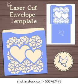 Lasercut vector wedding invitation template. Wedding invitation envelope with flowers for laser cutting. Lace gate folds.Laser cut vector.