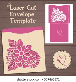 Lasercut Vector Wedding Invitation Template. Wedding Invitation Envelope With Flowers For Laser Cutting. Lace Gate Folds.Laser Cut Vector.