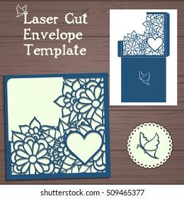 Lasercut vector wedding invitation template. Wedding invitation envelope with flowers for laser cutting. Lace gate folds.Laser cut vector.