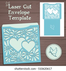 Lasercut vector wedding invitation template. Wedding invitation envelope with flowers for laser cutting. Lace gate folds.Laser cut vector.