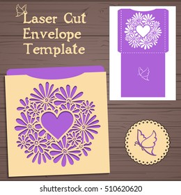 Lasercut vector wedding invitation template. Wedding invitation envelope with flowers for laser cutting. Lace gate folds.Laser cut vector.