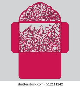 Lasercut vector wedding invitation template. Wedding invitation envelope with flowers for laser cutting. Lace gate folds.Laser cut vector.