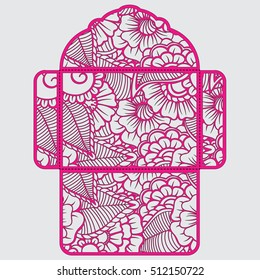 Lasercut vector wedding invitation template. Wedding invitation envelope with flowers for laser cutting. Lace gate folds.Laser cut vector.