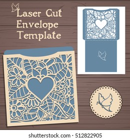 Lasercut Vector Wedding Invitation Template. Wedding Invitation Envelope With Flowers For Laser Cutting. Lace Gate Folds.Laser Cut Vector.