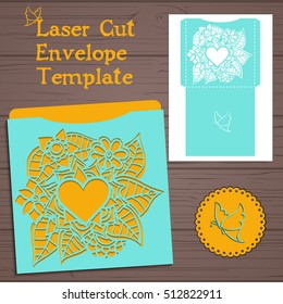 Lasercut vector wedding invitation template. Wedding invitation envelope with flowers for laser cutting. Lace gate folds.Laser cut vector.