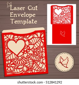 Lasercut vector wedding invitation template. Wedding invitation envelope with flowers for laser cutting. Lace gate folds.Laser cut vector.