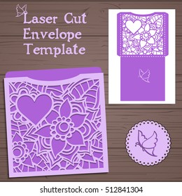 Lasercut vector wedding invitation template. Wedding invitation envelope with flowers for laser cutting. Lace gate folds.Laser cut vector.