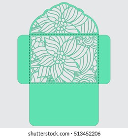 Lasercut vector wedding invitation template. Wedding invitation envelope with flowers for laser cutting. Lace gate folds.Laser cut vector.