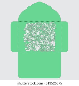 Lasercut vector wedding invitation template. Wedding invitation envelope with flowers for laser cutting. Lace gate folds.Laser cut vector.