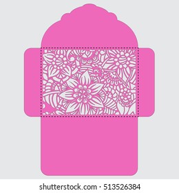 Lasercut vector wedding invitation template. Wedding invitation envelope with flowers for laser cutting. Lace gate folds.Laser cut vector.