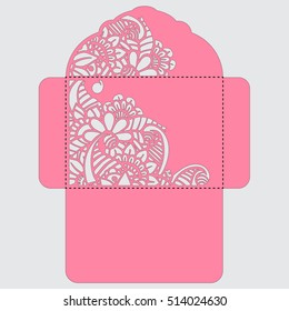 Lasercut Vector Wedding Invitation Template. Wedding Invitation Envelope With Flowers For Laser Cutting. Lace Gate Folds.Laser Cut Vector.