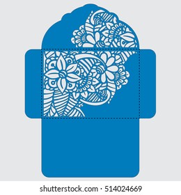 Lasercut vector wedding invitation template. Wedding invitation envelope with flowers for laser cutting. Lace gate folds.Laser cut vector.