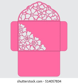 Lasercut vector wedding invitation template. Wedding invitation envelope with flowers for laser cutting. Lace gate folds.Laser cut vector.