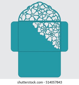 Lasercut vector wedding invitation template. Wedding invitation envelope with flowers for laser cutting. Lace gate folds.Laser cut vector.
