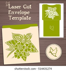 Lasercut vector wedding invitation template. Wedding invitation envelope with flowers for laser cutting. Lace gate folds.Laser cut vector.