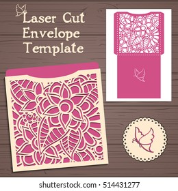 Lasercut vector wedding invitation template. Wedding invitation envelope with flowers for laser cutting. Lace gate folds.Laser cut vector.