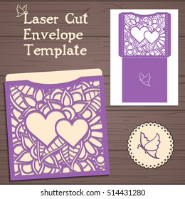 Lasercut vector wedding invitation template. Wedding invitation envelope with flowers for laser cutting. Lace gate folds.Laser cut vector.